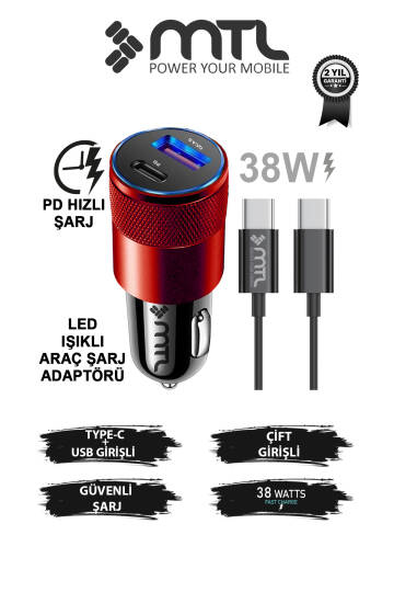 Araç Şarj Aleti Çakmaklık 38W Type-C | Type-C + USB Çift Portlu - Qualcomm QC 4.0 Desteği MT-A1835