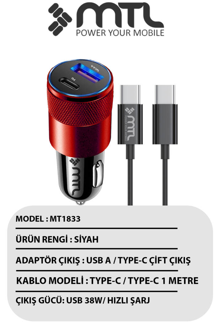 Araç Şarj Aleti Çakmaklık 38W Type-C | Type-C + USB Çift Portlu - Qualcomm QC 4.0 Desteği MT-A1835 - 4