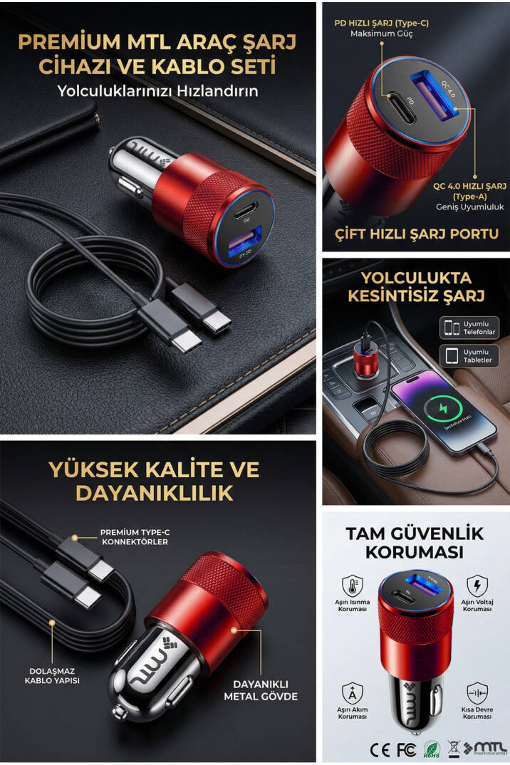 Araç Şarj Aleti Çakmaklık 38W Type-C | Type-C + USB Çift Portlu - Qualcomm QC 4.0 Desteği MT-A1835 - 6