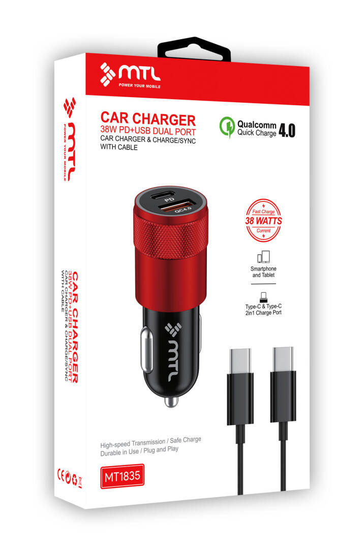 Araç Şarj Aleti Çakmaklık 38W Type-C | Type-C + USB Çift Portlu - Qualcomm QC 4.0 Desteği MT-A1835 - 7