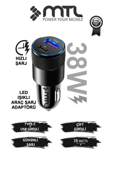 Araç Şarj Aleti Çakmaklık 38W Type-C + USB Çift Portlu - Qualcomm QC 4.0 Desteği MT-A1833