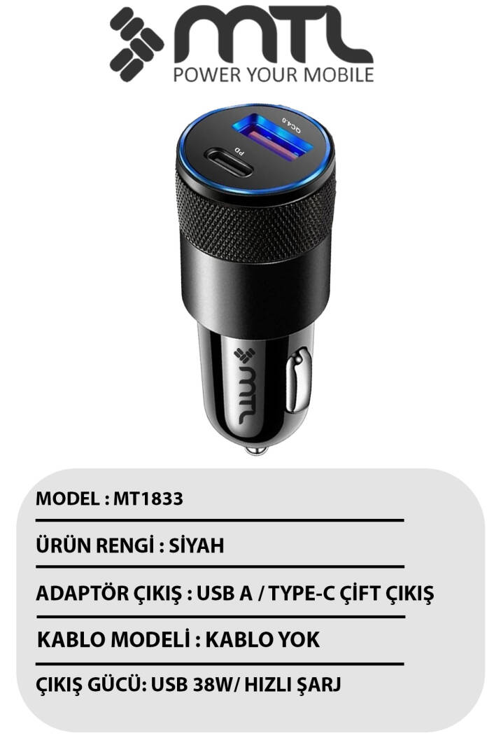 Araç Şarj Aleti Çakmaklık 38W Type-C + USB Çift Portlu - Qualcomm QC 4.0 Desteği MT-A1833 - 3