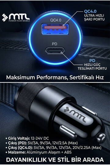 Araç Şarj Aleti Çakmaklık 38W Type-C + USB Çift Portlu - Qualcomm QC 4.0 Desteği MT-A1833 - 5