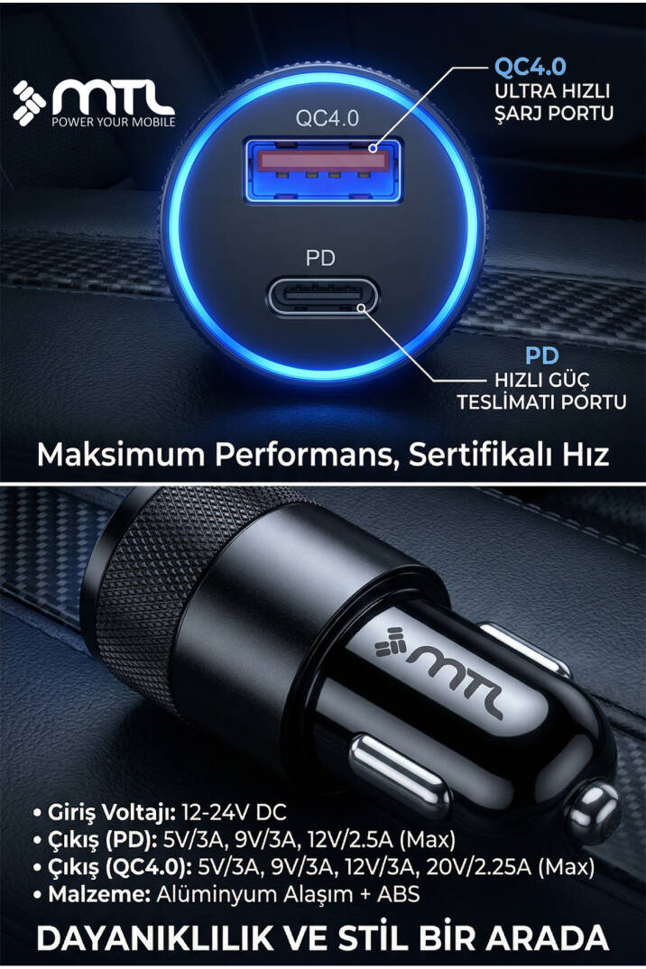 Araç Şarj Aleti Çakmaklık 38W Type-C + USB Çift Portlu - Qualcomm QC 4.0 Desteği MT-A1833 - 5