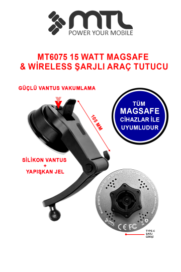 Araç Telefon Tutucu Magsafe ile Uyumlu 15 W Kablosuz Şarjlı - MT6075 - 2
