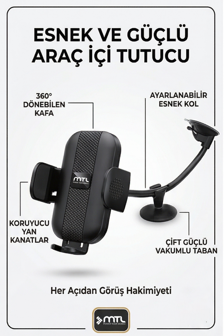 Extra Uzun Güçlü Esnek Kollu Dayanıklı Araç İçi Telefon Tutucu Otomatik Kilitli Güçlü Vantuz - 3