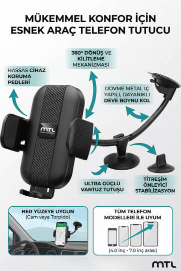 Extra Uzun Güçlü Esnek Kollu Dayanıklı Araç İçi Telefon Tutucu Otomatik Kilitli Güçlü Vantuz - 6