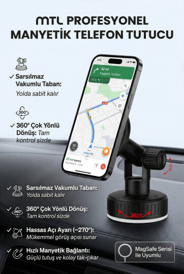 Güçlü Manyetik Araç İçi Telefon Tutucu 360° Döner Başlık Ekstra Güçlü Mıknatıs MagSafe Uyumlu MT6087 - 3