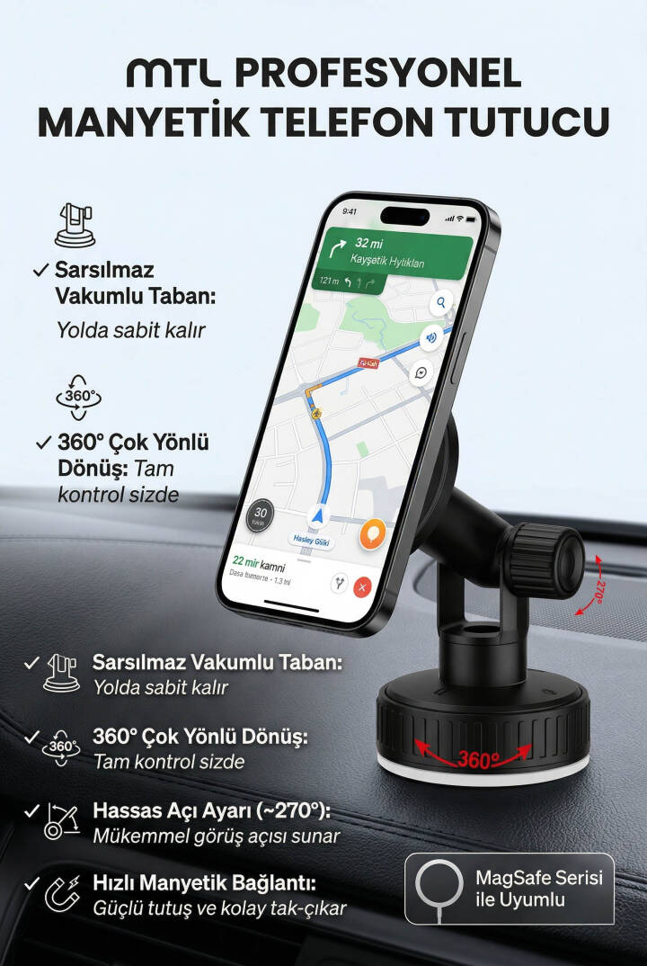 Güçlü Manyetik Araç İçi Telefon Tutucu 360° Döner Başlık Ekstra Güçlü Mıknatıs MagSafe Uyumlu MT6087 - 3