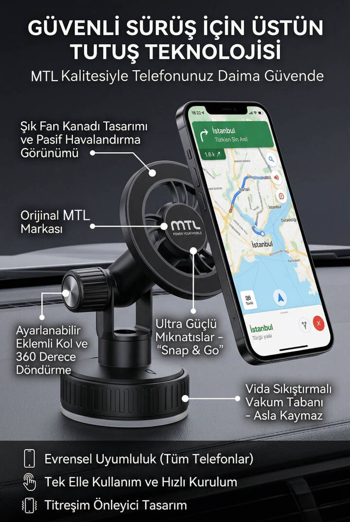 Güçlü Manyetik Araç İçi Telefon Tutucu 360° Döner Başlık Ekstra Güçlü Mıknatıs MagSafe Uyumlu MT6087 - 4