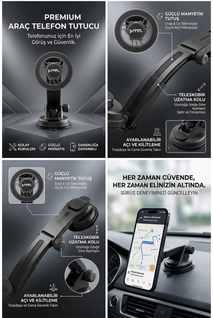 Güçlü Manyetik MagSafe Uyumlu Araç İçi Telefon Tutucu Dayanıklı ve Yapışkan Vantus 360° Döner Başlık - 6