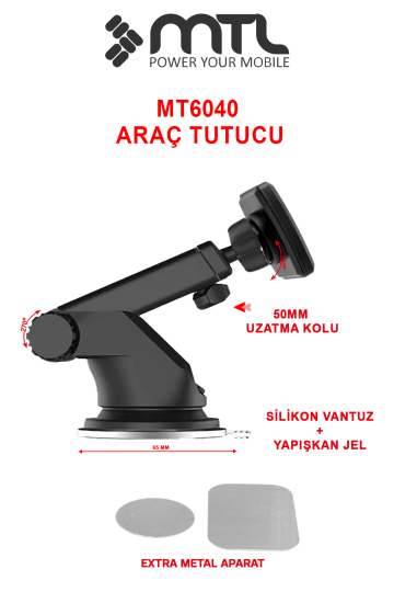Güçlü Manyetik Teleskopik Kol Araç İçi Telefon Tutucu Çift Kilitli ve Dayanıklı Vantuz 360° MT6040 - 3