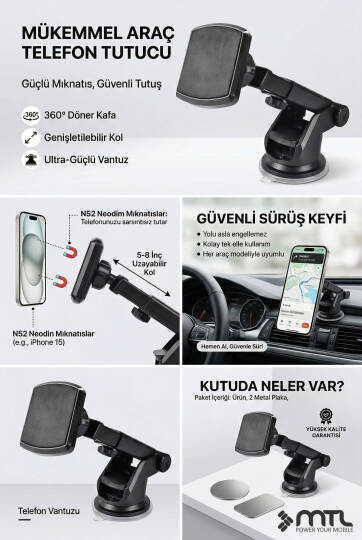Güçlü Manyetik Teleskopik Kol Araç İçi Telefon Tutucu Çift Kilitli ve Dayanıklı Vantuz 360° MT6040 - 4