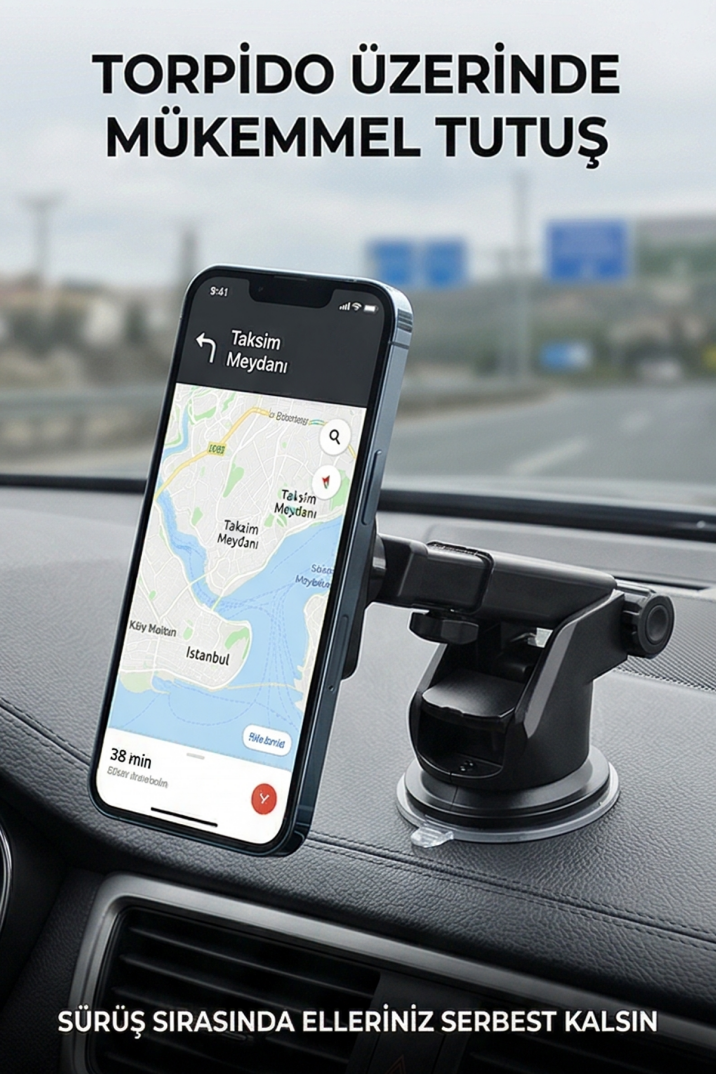 Güçlü Manyetik Teleskopik Kol Araç İçi Telefon Tutucu Çift Kilitli ve Dayanıklı Vantuz 360° MT6040 - 6
