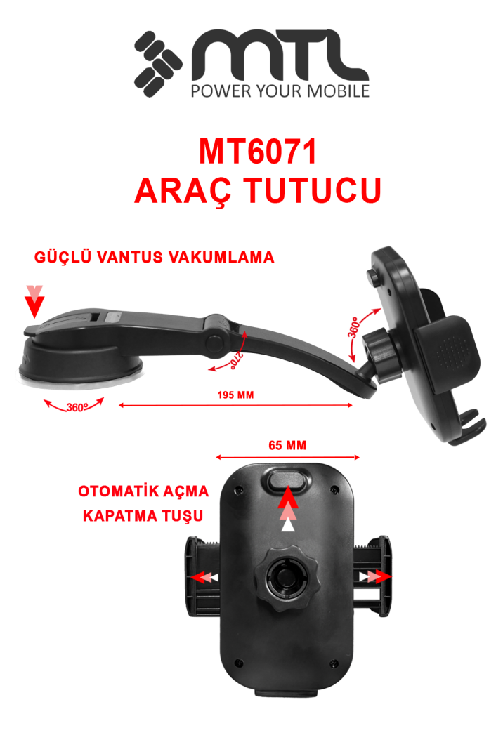 Güçlü Vantuzlu & Teleskopik Kollu Araç İçi Telefon Tutucu Otomatik Kilitli 360° Döner Başlık - 2