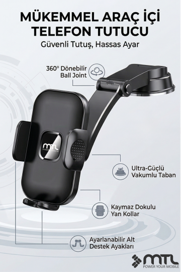Güçlü Vantuzlu & Teleskopik Kollu Araç İçi Telefon Tutucu Otomatik Kilitli 360° Döner Başlık - 3