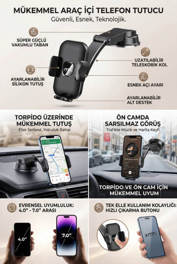 Güçlü Vantuzlu & Teleskopik Kollu Araç İçi Telefon Tutucu Otomatik Kilitli 360° Döner Başlık - 5