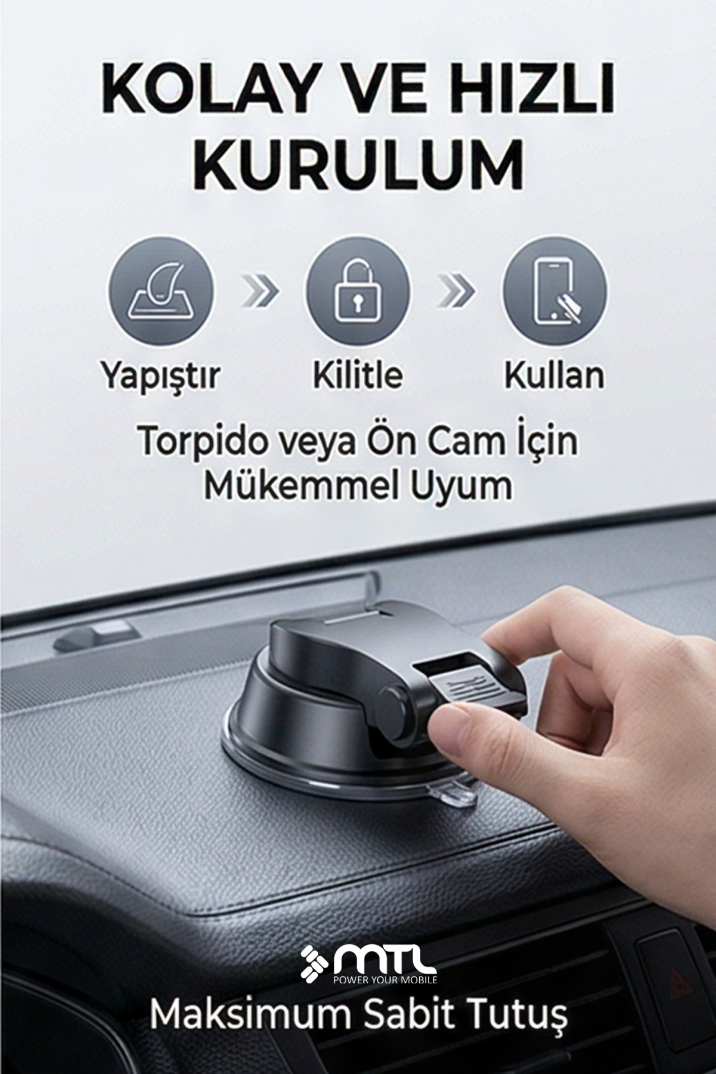 Güçlü Vantuzlu & Teleskopik Kollu Araç İçi Telefon Tutucu Otomatik Kilitli 360° Döner Başlık - 6