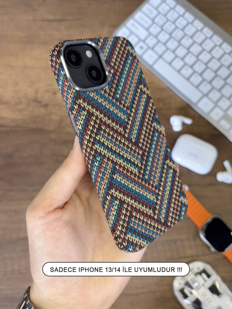 iPhone 13 / 14 Kılıf Etnik Desenli Örgü Görünümlü Magsafe Uyumlu Premium Kapak Kılıf SOO-900 - 11