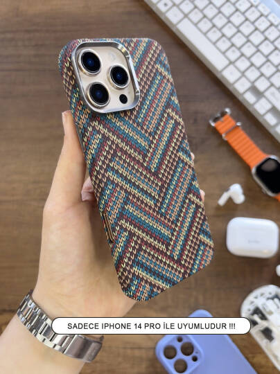iPhone 14 Pro Kılıf Etnik Desenli Örgü Görünümlü Magsafe Uyumlu Premium Kapak Kılıf SOO-900 Bohem Dalga