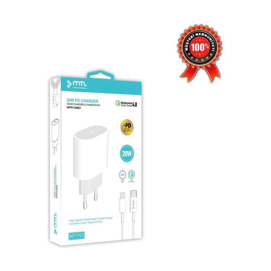 iPhone 14 Uyumlu Lightning Pd Type-C Girişli 20W Şarj Seti MT-A1703
