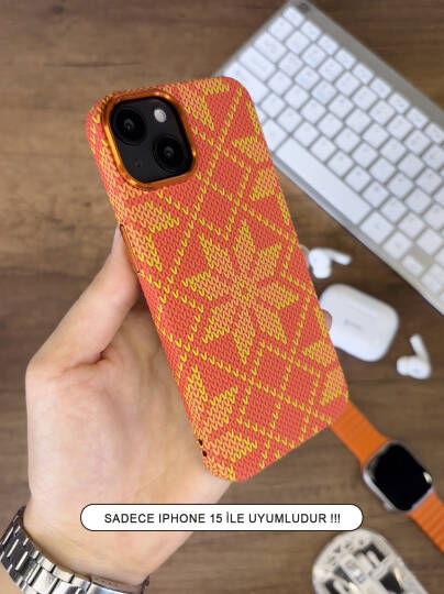 iPhone 15 Kılıf Etnik Desenli Örgü Görünümlü Magsafe Uyumlu Premium Kapak Kılıf SOO-900