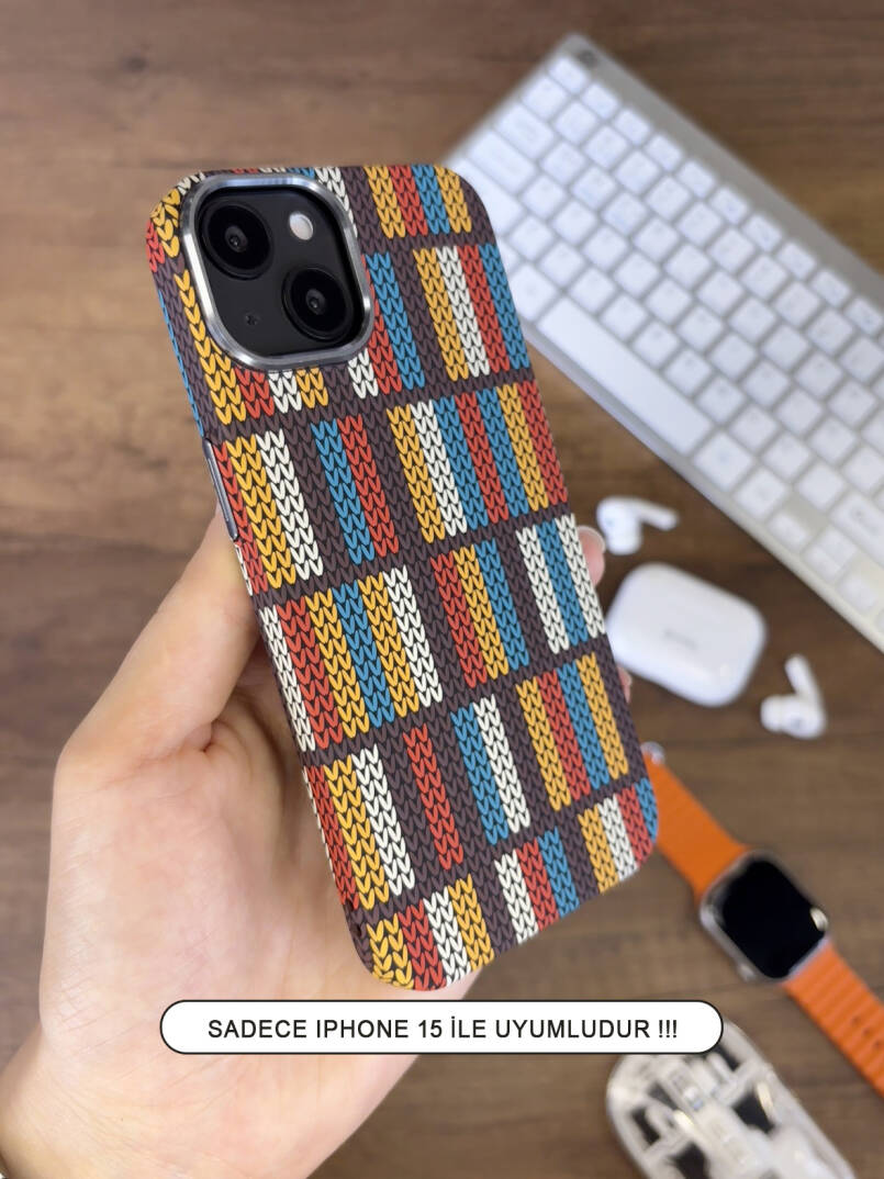 iPhone 15 Kılıf Etnik Desenli Örgü Görünümlü Magsafe Uyumlu Premium Kapak Kılıf SOO-900 - 16