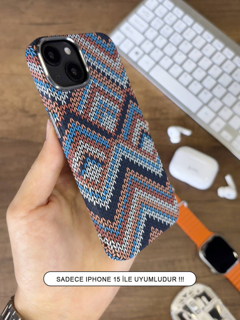 iPhone 15 Kılıf Etnik Desenli Örgü Görünümlü Magsafe Uyumlu Premium Kapak Kılıf SOO-900 - 21