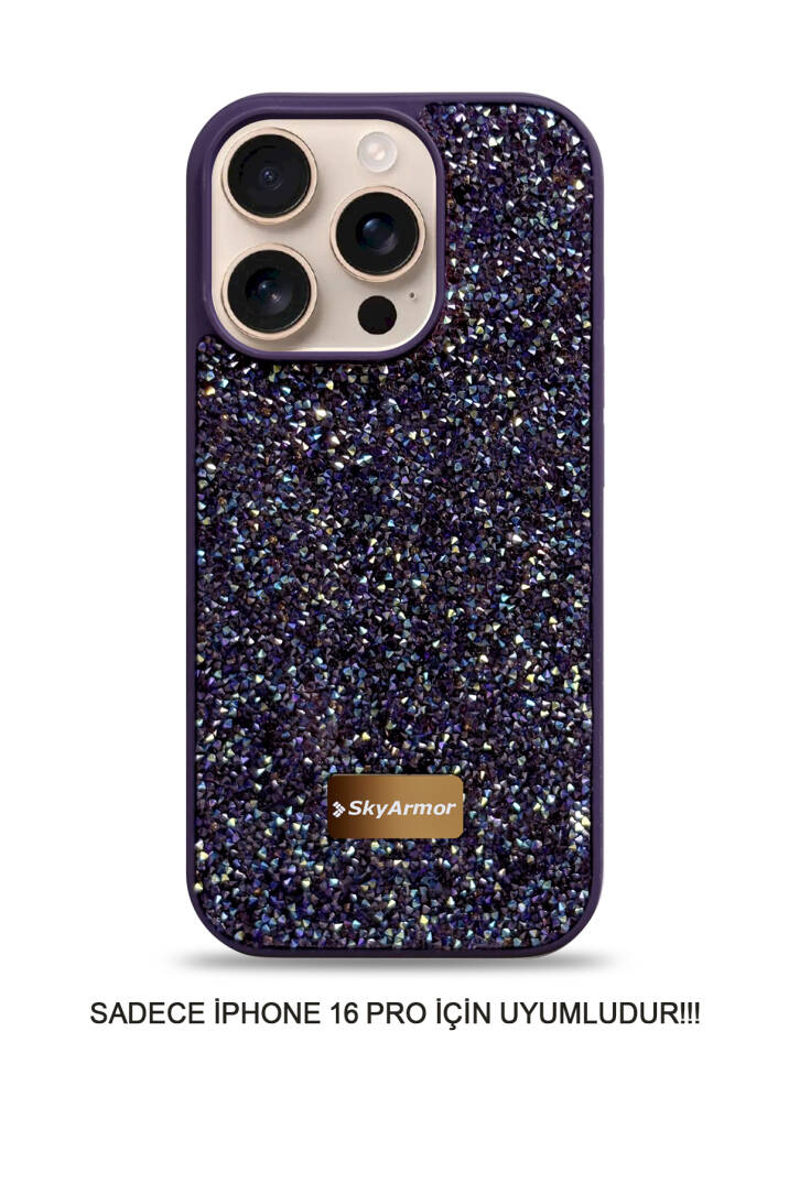 iPhone 16 Pro Uyumlu Kadife İç Yüzey Tasarımlı Taşlı Işıltılı Parlak Pırlanta Kılıf Dia Plus - 25