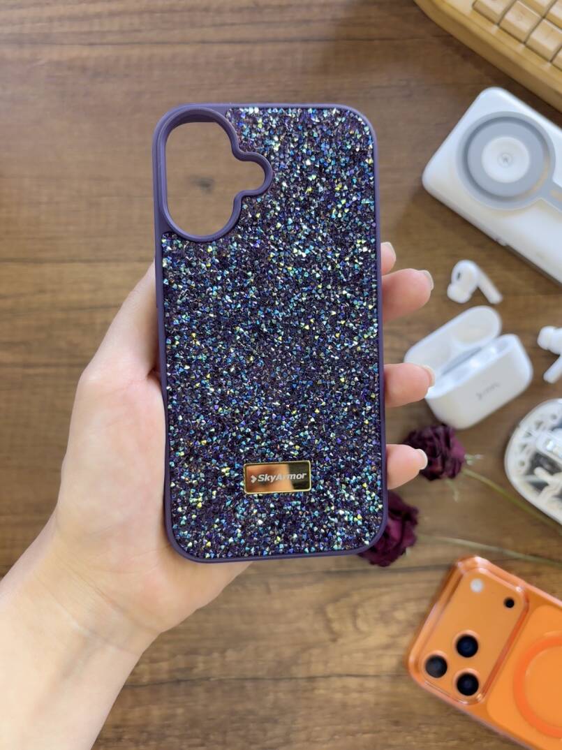 iPhone 16 Uyumlu Kadife İç Yüzey Tasarımlı Taşlı Işıltılı Parlak Pırlanta Kılıf Dia Plus - 23