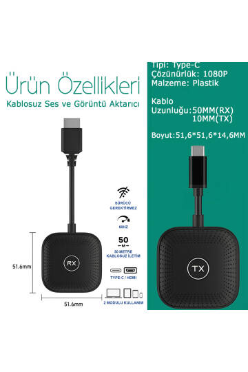 Kablosuz Görüntü Aktarıcı Type-C - 1080P 60Hz, USB-C TX-RX, Tak Çalıştır, TV-PC Bağlantı Kiti - 5