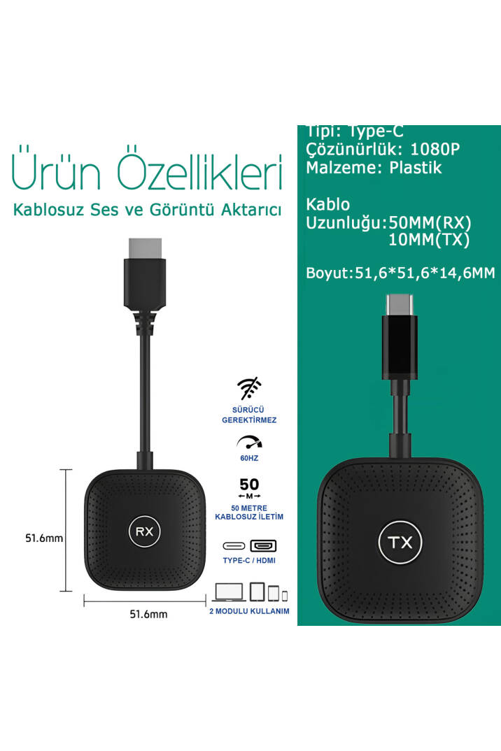 Kablosuz Görüntü Aktarıcı Type-C - 1080P 60Hz, USB-C TX-RX, Tak Çalıştır, TV-PC Bağlantı Kiti - 5