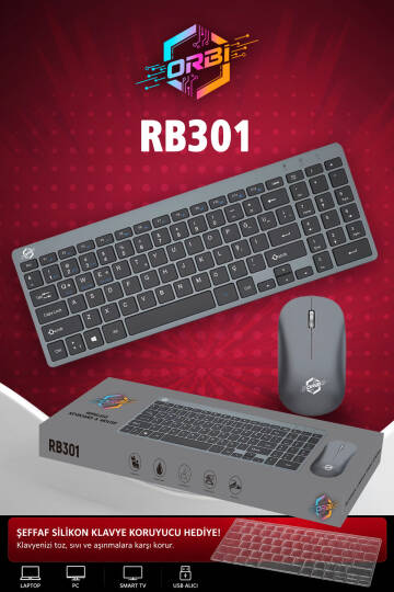 Kablosuz Klavye Mouse Seti 2.4G Türkçe Q Sessiz Şarjlı + Şeffaf Silikon Klavye Koruyucu ORBI RB-301 