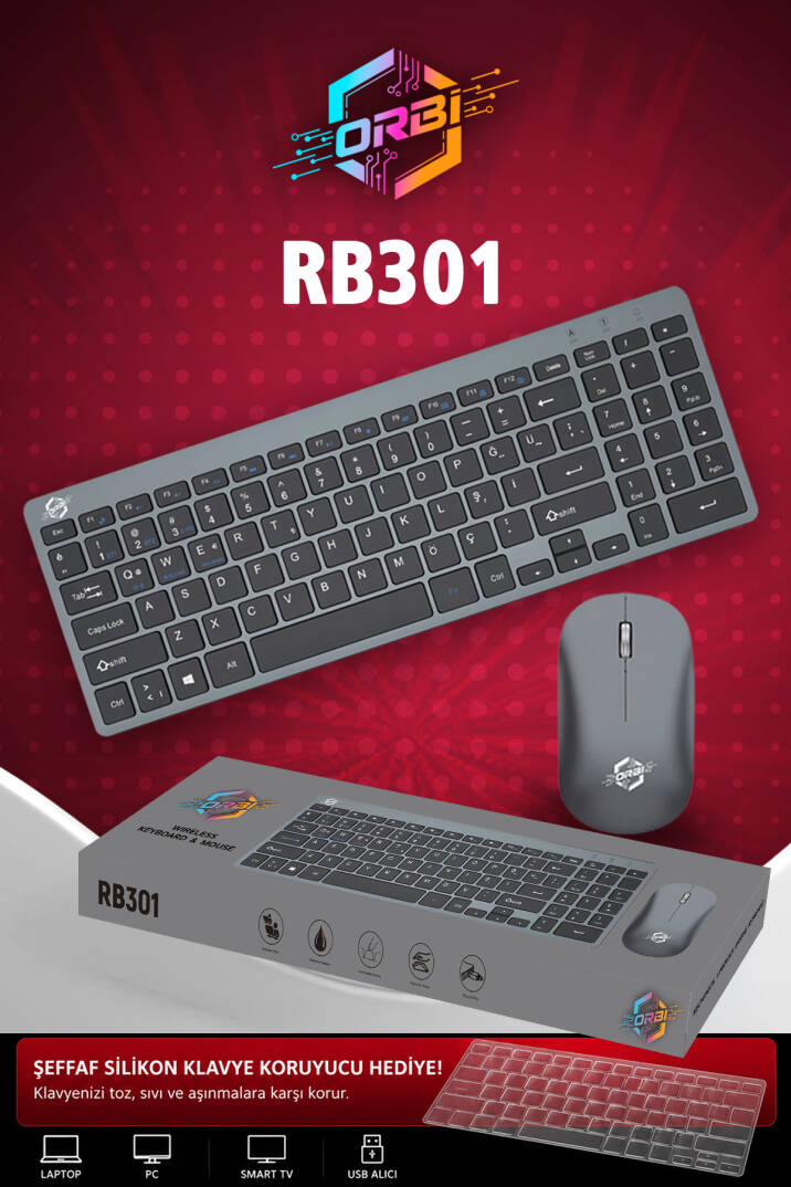 Kablosuz Klavye Mouse Seti 2.4G Türkçe Q Sessiz Şarjlı + Şeffaf Silikon Klavye Koruyucu ORBI RB-301 - 1
