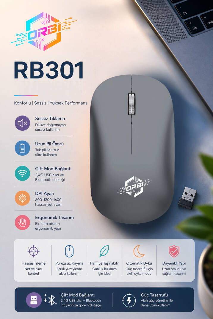 Kablosuz Klavye Mouse Seti 2.4G Türkçe Q Sessiz Şarjlı + Şeffaf Silikon Klavye Koruyucu ORBI RB-301 - 2