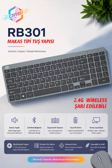 Kablosuz Klavye Mouse Seti 2.4G Türkçe Q Sessiz Şarjlı + Şeffaf Silikon Klavye Koruyucu ORBI RB-301 - 3
