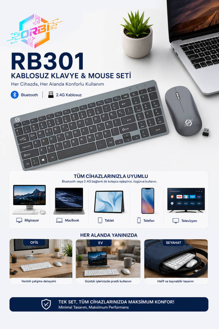 Kablosuz Klavye Mouse Seti 2.4G Türkçe Q Sessiz Şarjlı + Şeffaf Silikon Klavye Koruyucu ORBI RB-301 - 4