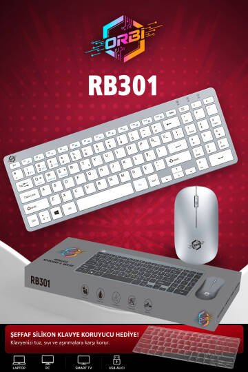 Kablosuz Klavye Mouse Seti 2.4G Türkçe Q Sessiz Şarjlı + Şeffaf Silikon Klavye Koruyucu ORBI RB-301 Gümüş