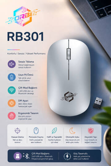 Kablosuz Klavye Mouse Seti 2.4G Türkçe Q Sessiz Şarjlı + Şeffaf Silikon Klavye Koruyucu ORBI RB-301 - 8