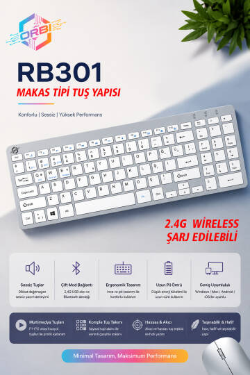 Kablosuz Klavye Mouse Seti 2.4G Türkçe Q Sessiz Şarjlı + Şeffaf Silikon Klavye Koruyucu ORBI RB-301 - 9