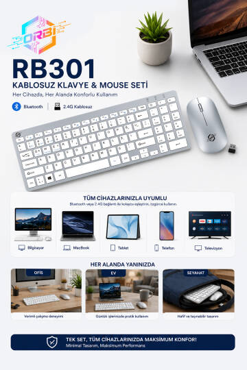 Kablosuz Klavye Mouse Seti 2.4G Türkçe Q Sessiz Şarjlı + Şeffaf Silikon Klavye Koruyucu ORBI RB-301 - 10