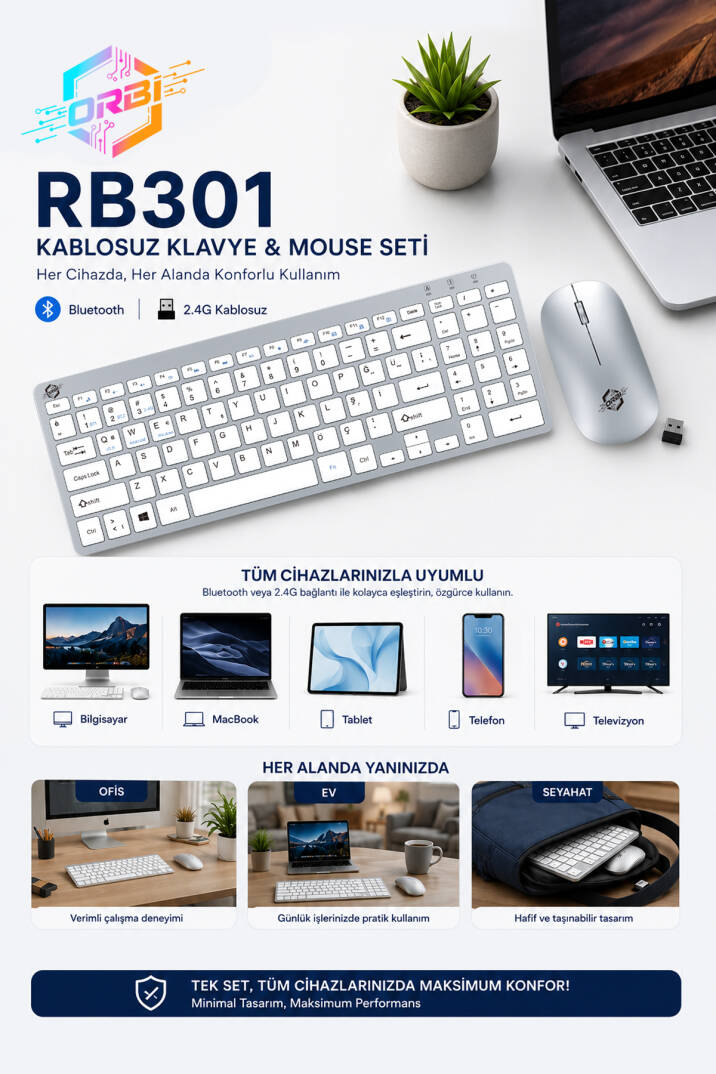 Kablosuz Klavye Mouse Seti 2.4G Türkçe Q Sessiz Şarjlı + Şeffaf Silikon Klavye Koruyucu ORBI RB-301 - 10