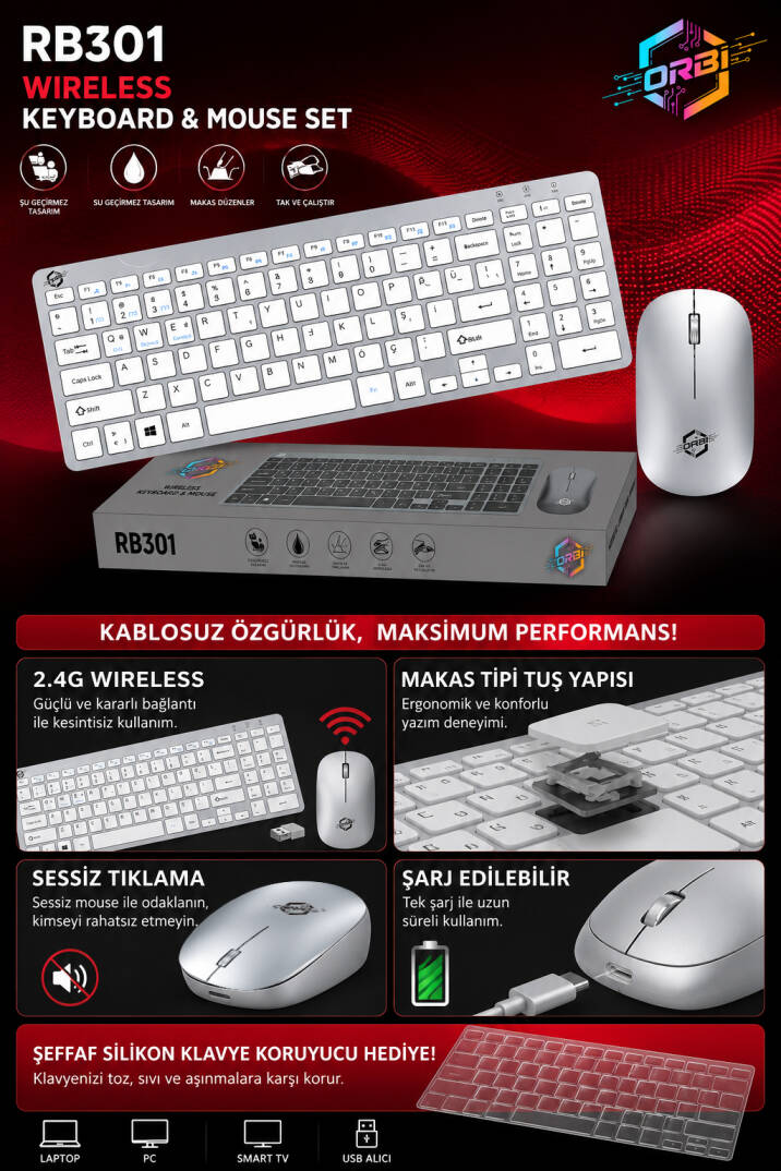Kablosuz Klavye Mouse Seti 2.4G Türkçe Q Sessiz Şarjlı + Şeffaf Silikon Klavye Koruyucu ORBI RB-301 - 11