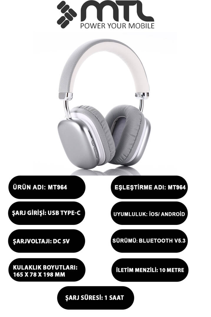 Kablosuz Stereo Kulak Üstü Kulaklık HD Ses Bluetooth 5.3 Extra Bass Ios Ve Android Uyumlu MT964 - 2