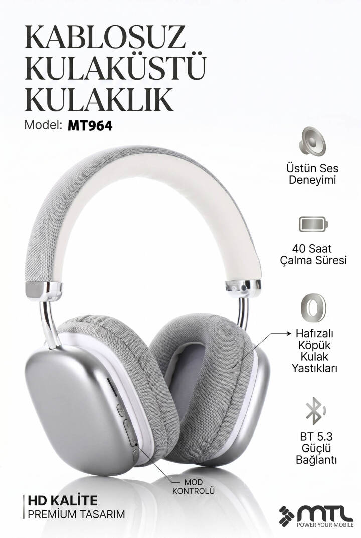 Kablosuz Stereo Kulak Üstü Kulaklık HD Ses Bluetooth 5.3 Extra Bass Ios Ve Android Uyumlu MT964 - 4