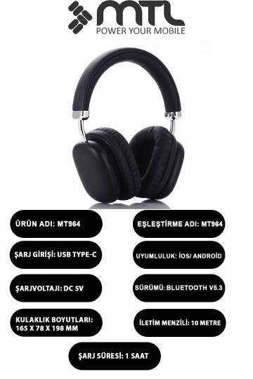 Kablosuz Stereo Kulak Üstü Kulaklık HD Ses Bluetooth 5.3 Extra Bass Ios Ve Android Uyumlu MT964 - 6