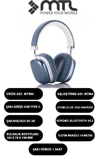 Kablosuz Stereo Kulak Üstü Kulaklık HD Ses Bluetooth 5.3 Extra Bass Ios Ve Android Uyumlu MT964 - 13