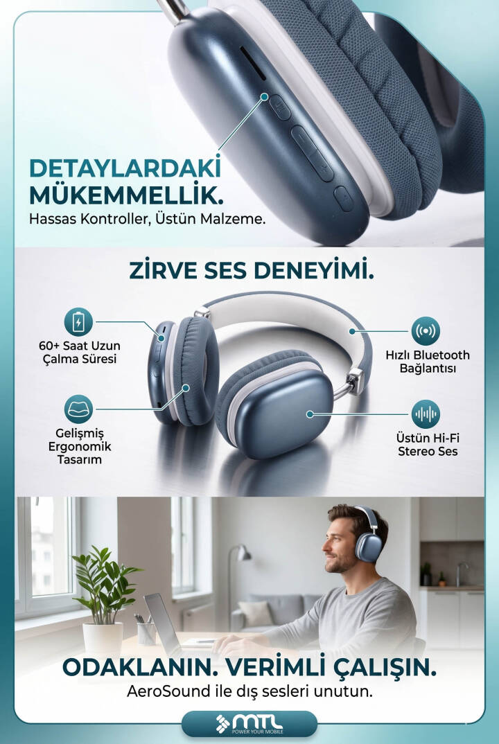 Kablosuz Stereo Kulak Üstü Kulaklık HD Ses Bluetooth 5.3 Extra Bass Ios Ve Android Uyumlu MT964 - 14
