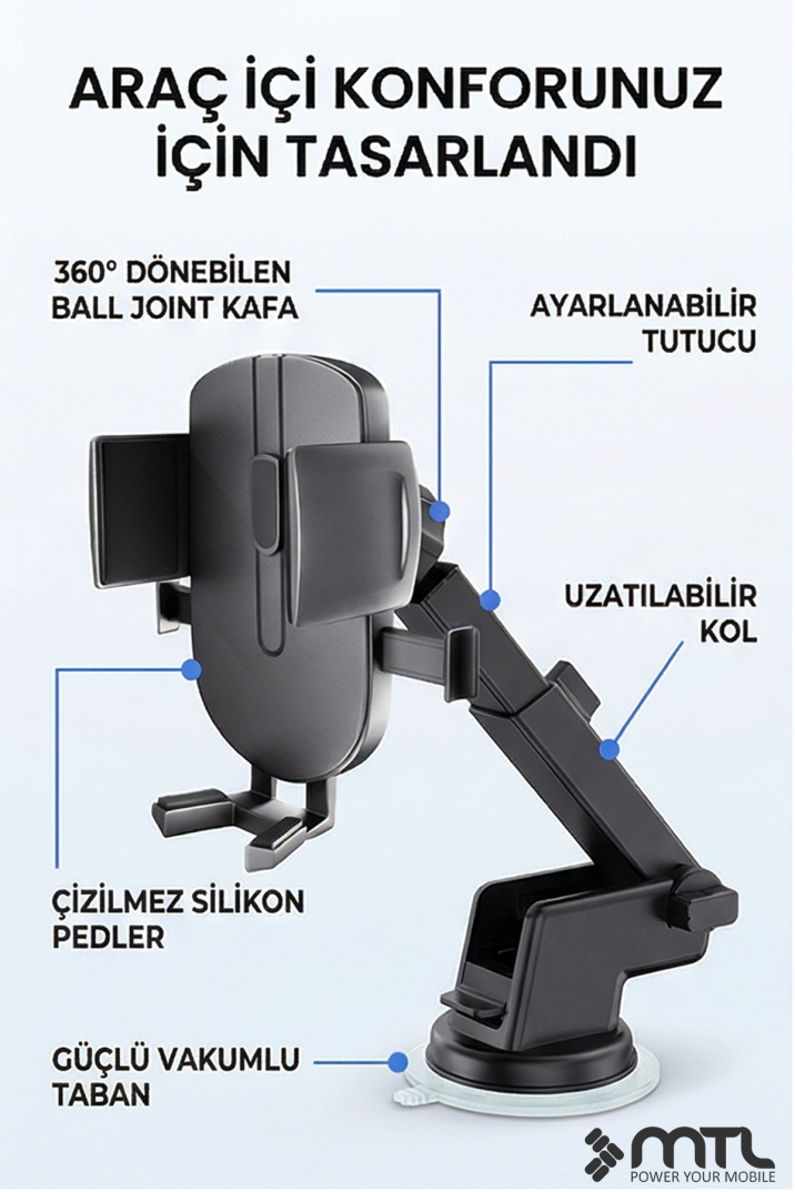 Katılabilir ve 270° Ayarlanabilir Kol Araç İçi Telefon Tutucu Dayanıklı Ve Güçlü Vantuzlu - 3