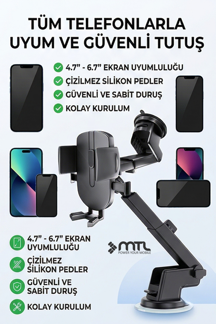 Katılabilir ve 270° Ayarlanabilir Kol Araç İçi Telefon Tutucu Dayanıklı Ve Güçlü Vantuzlu - 5